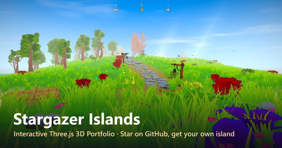 Stargazer Islands: a low-poly island with a stone path, trees and flowers, built with Three.js